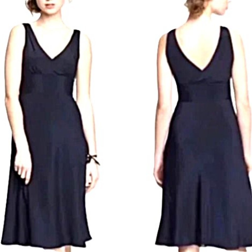 J Crew Silk Dress Long V-Neck Sleeveless Black Empire Waist Women New